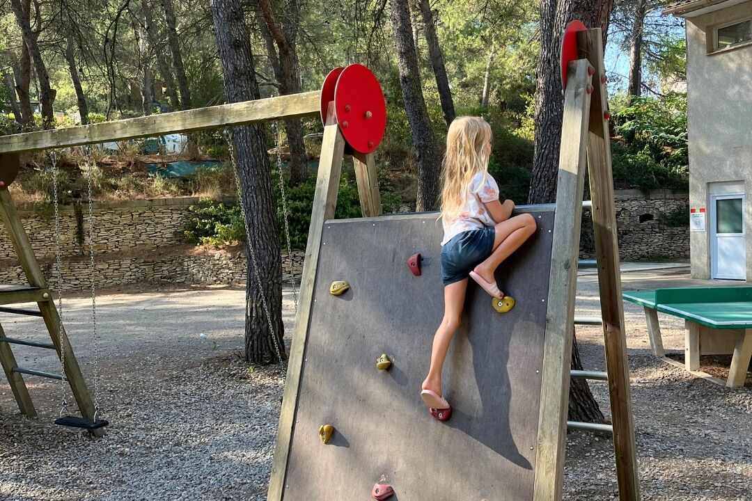 A wooden climbing wall with various holds, a ladder, and a small building in the background.