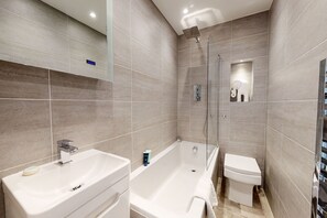 Combined shower/tub, hair dryer, soap