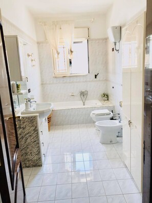 Chuveiro, secador de cabelo, bidê, toalhas de banho