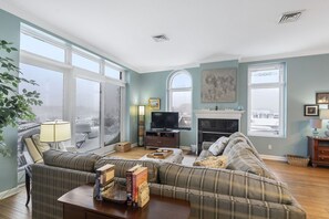 TV, fireplace, books
