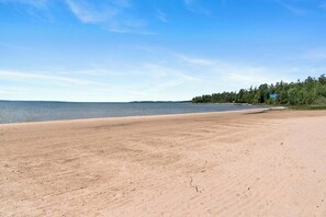 A beach with a sandy shore and a forested area in the background.