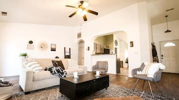 Smart TV, fireplace, books