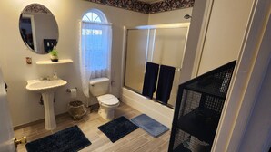 A bathroom with a pedestal sink, toilet, and shower. There is a mirror above the sink, a small shelf with a plant, and a window with a curtain.