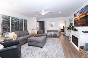 Smart TV, fireplace, video game console, ping pong