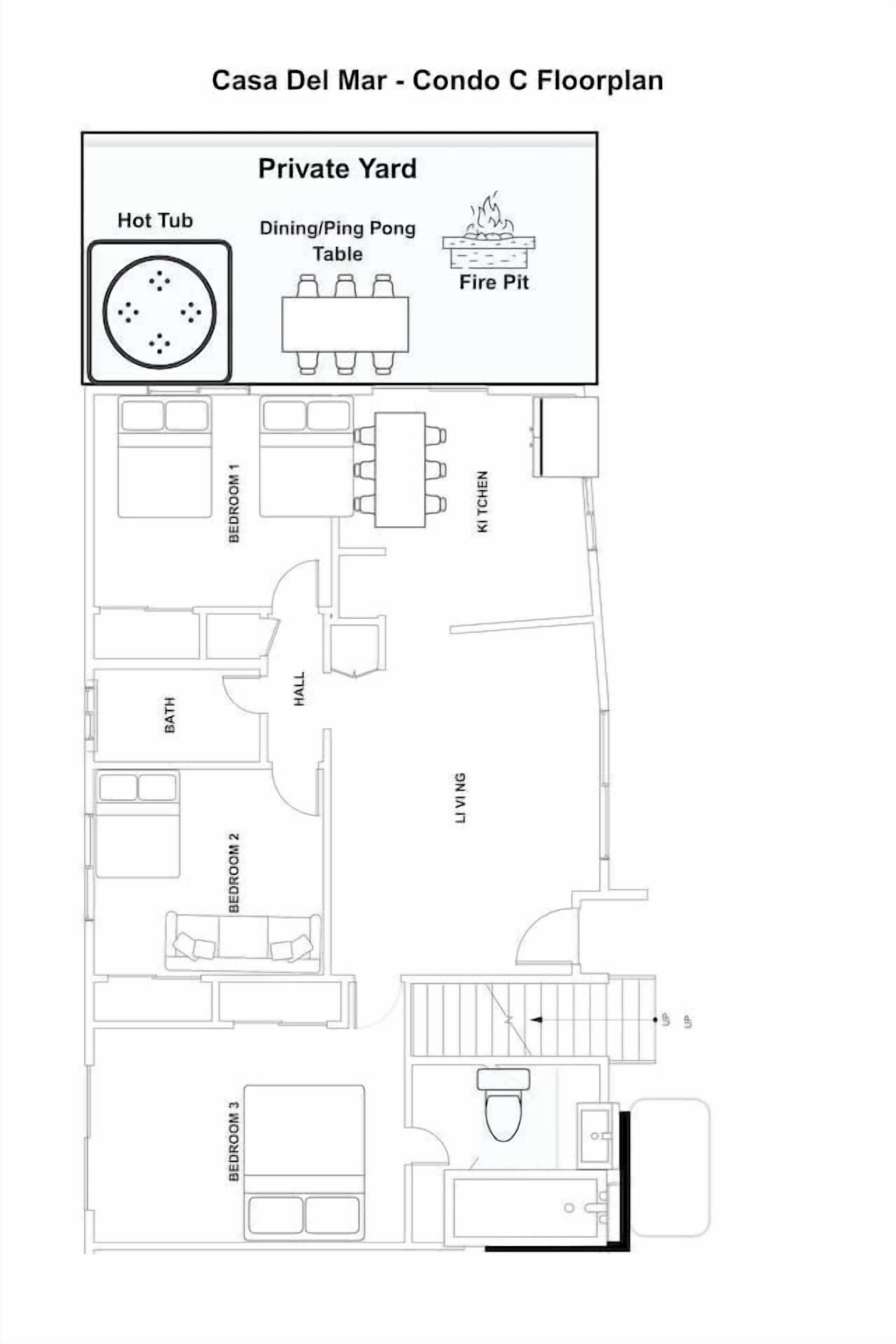 A floor plan of Casa Del Mar - Condo C, featuring three bedrooms, a kitchen, a bathroom, a dining area, a hall, and a private yard with a hot tub, dining table, and fire pit.