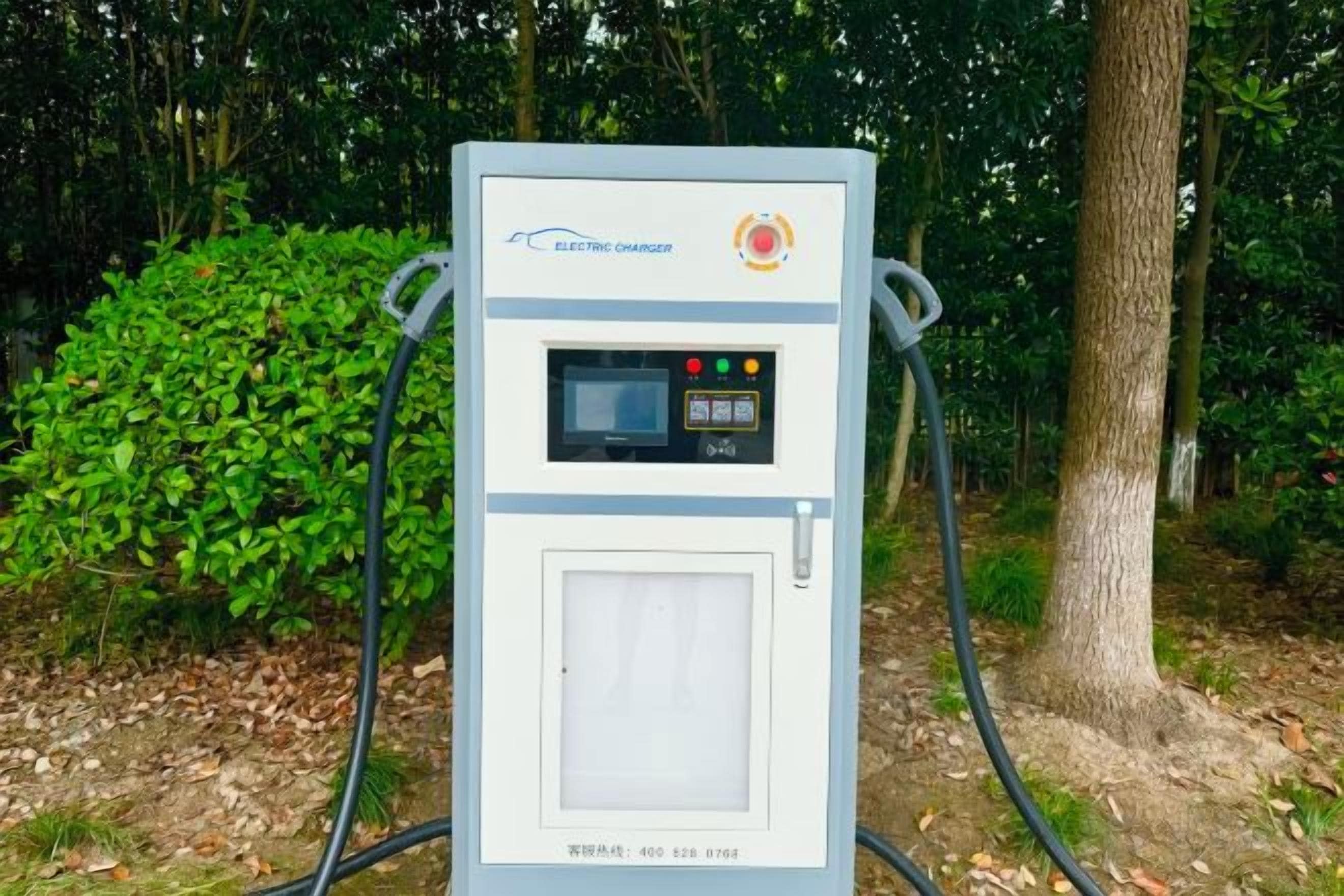 Eine elektrische Ladestation mit digitalem Display und Ladeanschluss in einer natürlichen Umgebung.