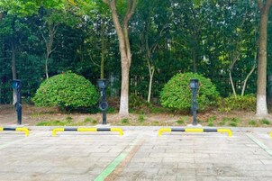 A parking area with marked spaces and a curb.
