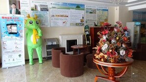 A lobby with a green mascot, informational posters, a fireplace, and a floral arrangement. - Greentree Inn Zhangjiakou Xuanhua Boju Business Hotel (Zhangjiakou)