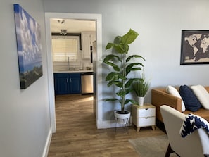 Smart TV, fireplace, books, offices