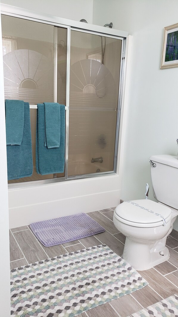 Sèche-cheveux, serviettes fournies, savon, shampoing