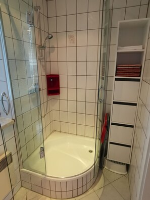 Douche, sèche-cheveux, serviettes fournies, savon