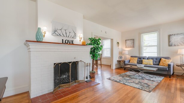 A living room with a white fireplace, a grey sofa, and a large plant.