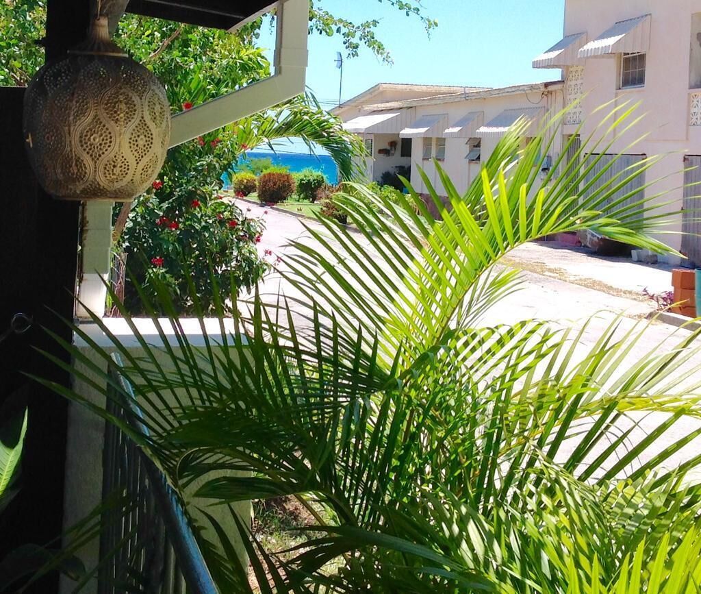 A courtyard with a palm tree, a decorative lantern, and a building in the background.