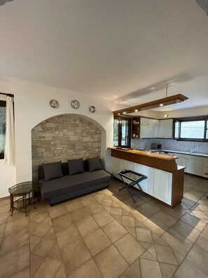 Smart-TV, peis, bøker og stereoanlegg