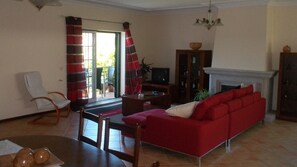 TV, caminetto, lettore DVD, libri