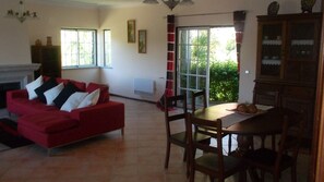 Televisión, chimenea, reproductor de DVD, libros