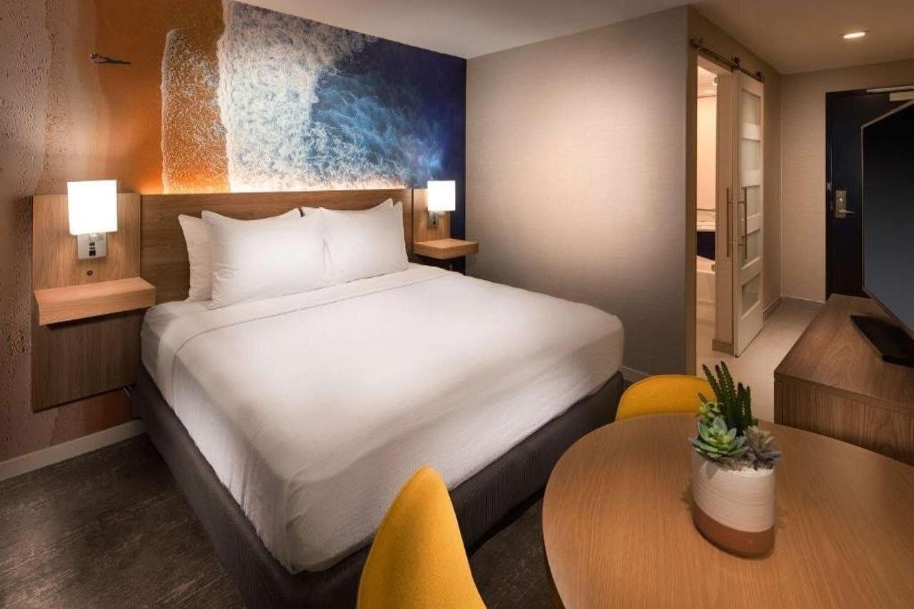 A hotel room with a large bed, two bedside tables with lamps, a round dining table with a potted plant, and a view of the hallway.