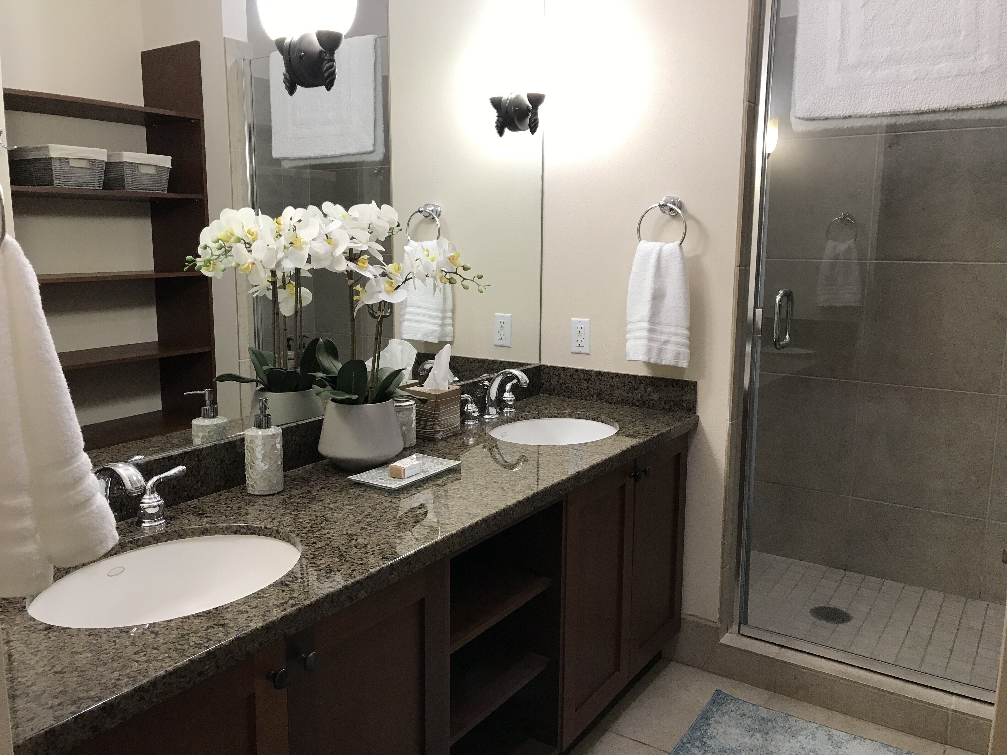 Combined shower/tub, hair dryer, towels, soap