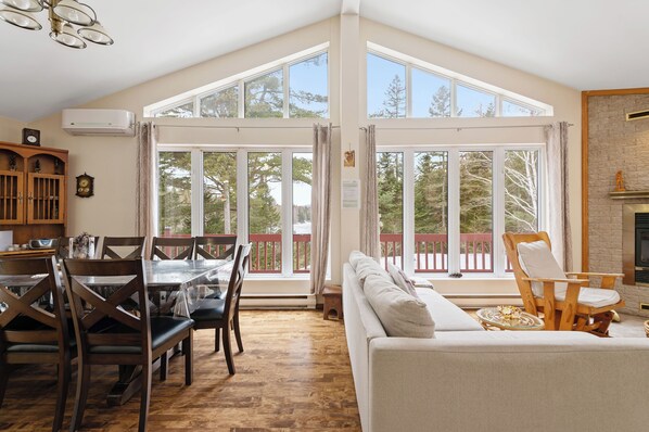 TV, fireplace, table football, books