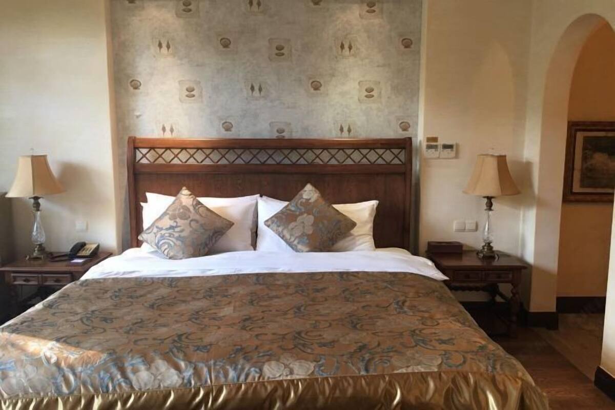 Een hotelkamer met een groot bed, twee nachtkastjes en een hoofdbord met een patroon.