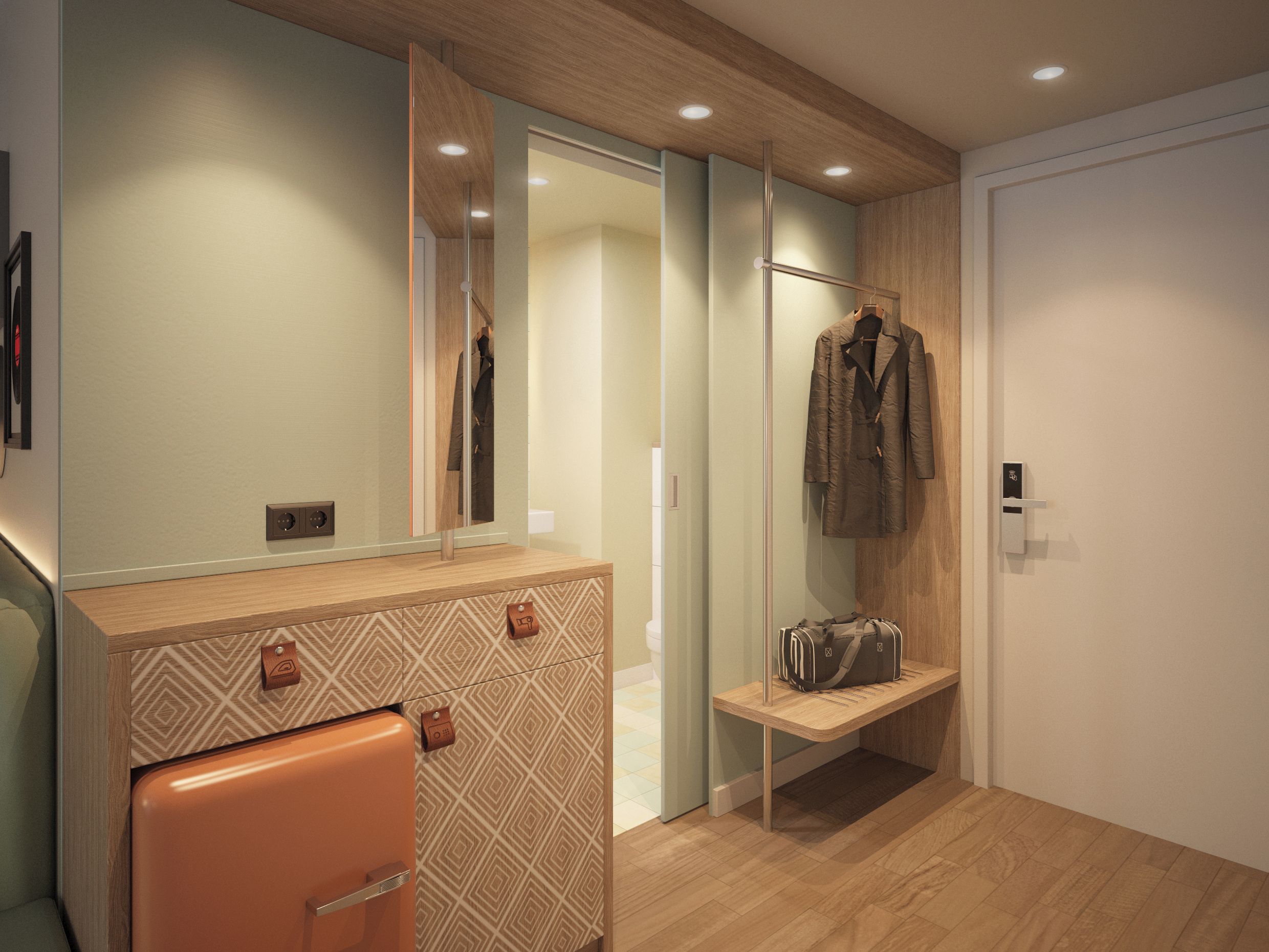 A modern hotel room with a wooden vanity, a mirror, a coat rack, and a bench with a bag.