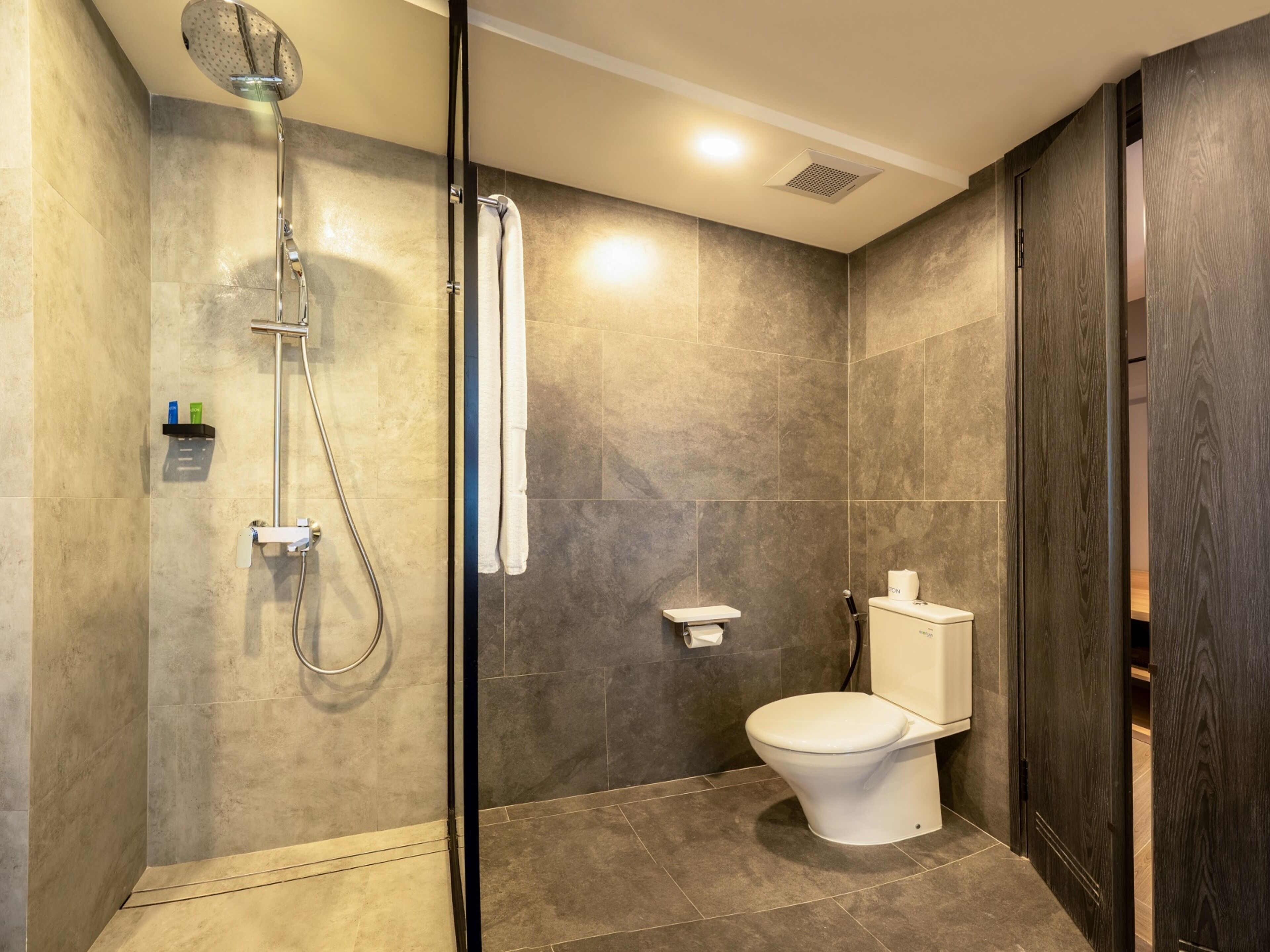 A modern bathroom with a glass-enclosed shower, a toilet, and a sink.