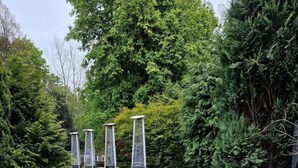 A stone patio with picnic tables and planters, surrounded by dense greenery and trees. - OYO The Leven (Middlesbrough)