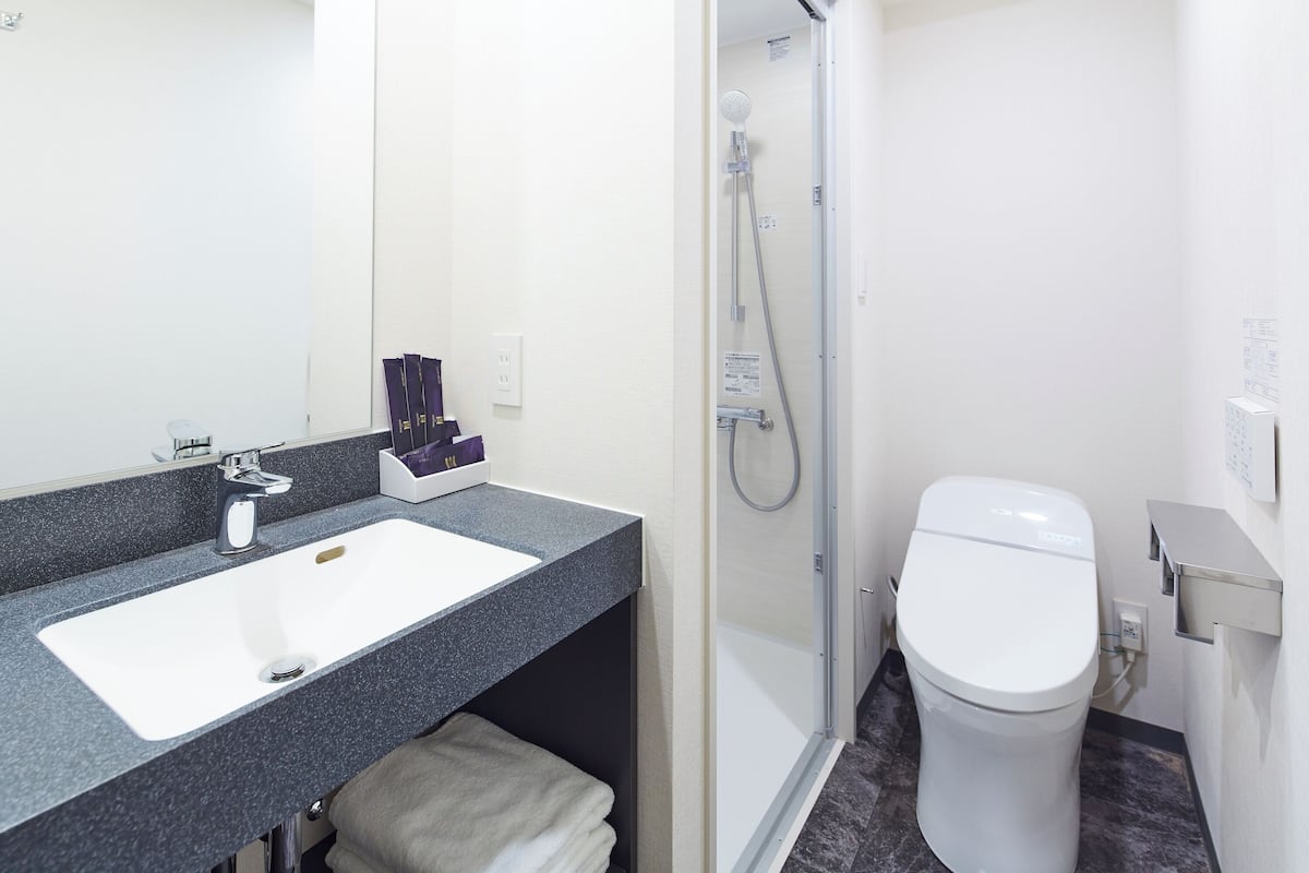 Une salle de bain moderne avec un lavabo blanc, une douche et des toilettes.