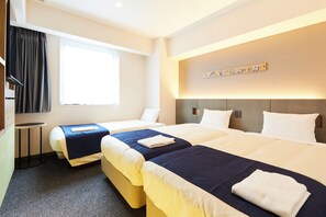 A hotel room with two beds, a small round table, a window with curtains, and a wall-mounted artwork. - Hotel Monday Premium Ueno Okachimachi (Tokyo)