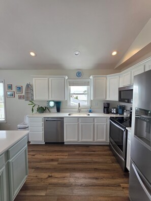Fridge, microwave, coffee/tea maker, toaster