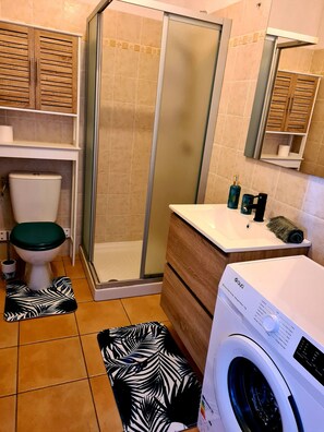 Douche, séchoir à cheveux, serviettes fournies