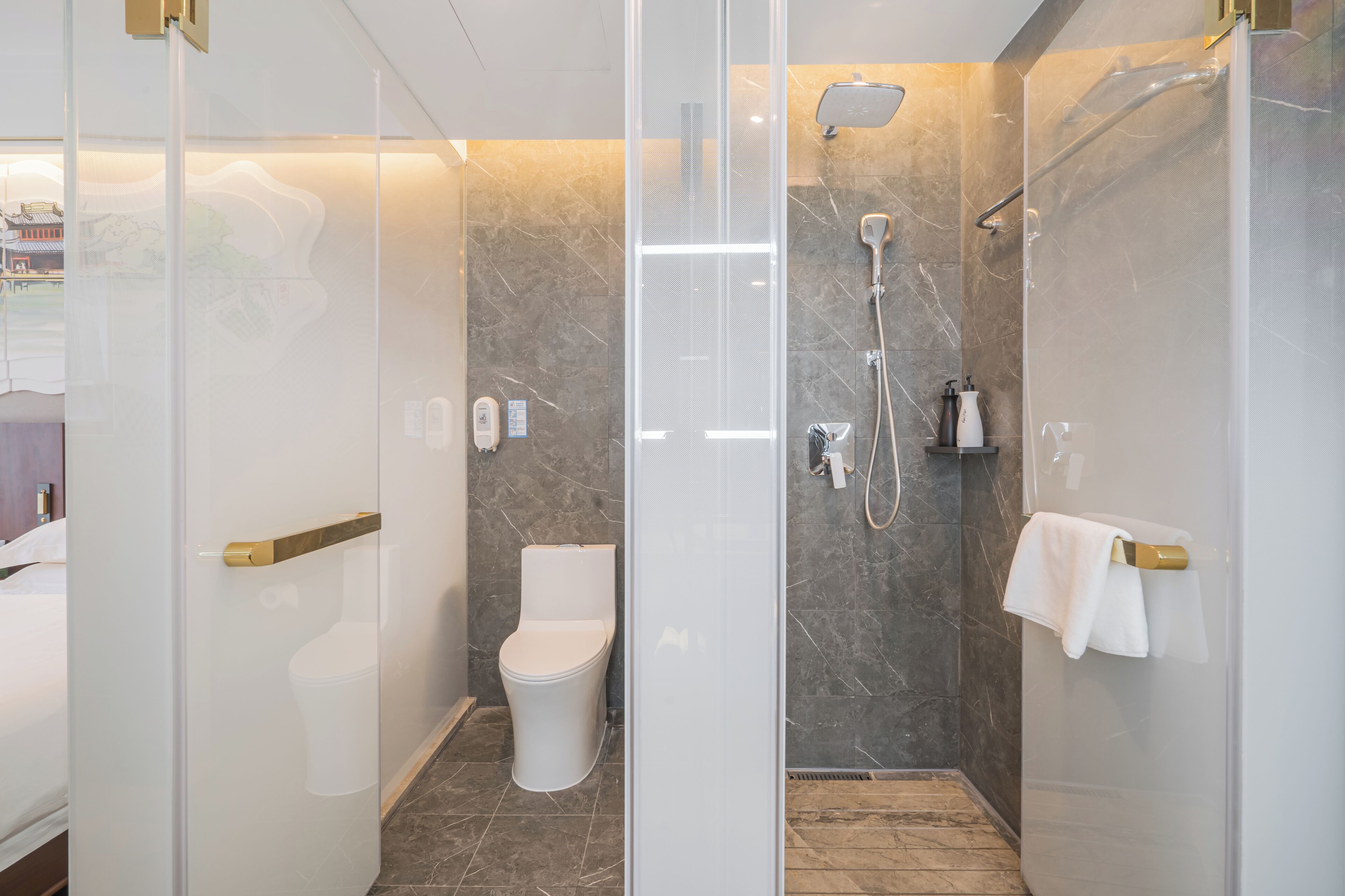 A modern bathroom with a glass shower enclosure, a toilet, and a towel rack.