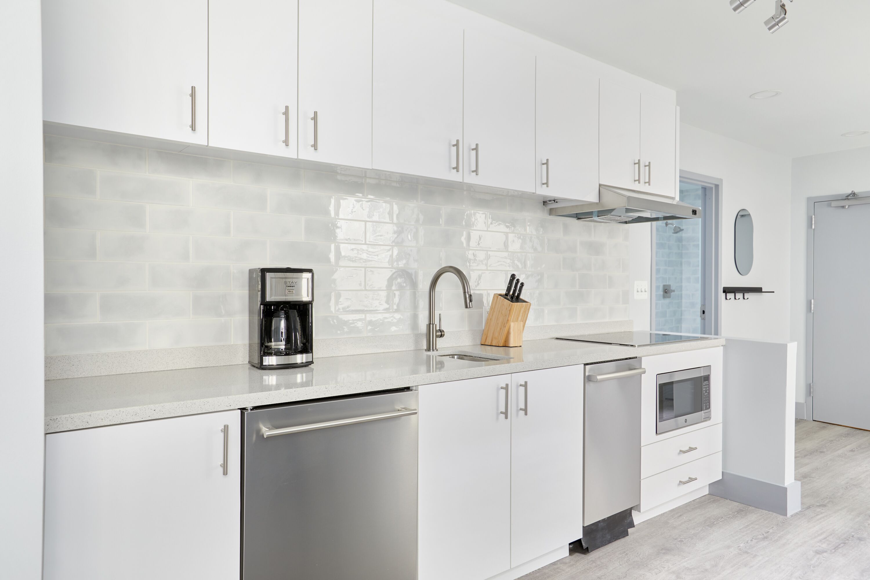 Mini-fridge, microwave, electric kettle