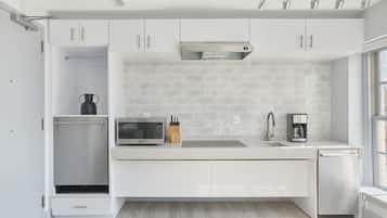 Mini-fridge, microwave, electric kettle