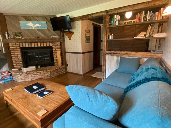 Smart TV, fireplace, books, stereo