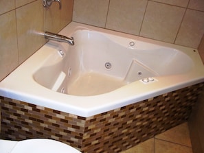 Combined shower/tub, jetted tub, hair dryer, towels
