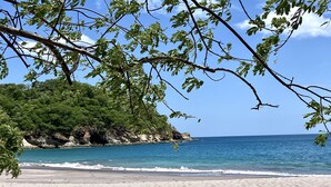 Una playa con agua azul cristalina, orilla arenosa y follaje verde.