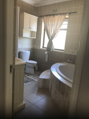 Bathtub, hair dryer, towels, soap