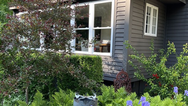 Ein Haus mit Garten, mit lila Blüten und grünem Laub.
