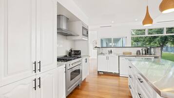 Full-sized fridge, microwave, oven, stovetop