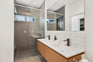 Shower, hair dryer, soap, shampoo
