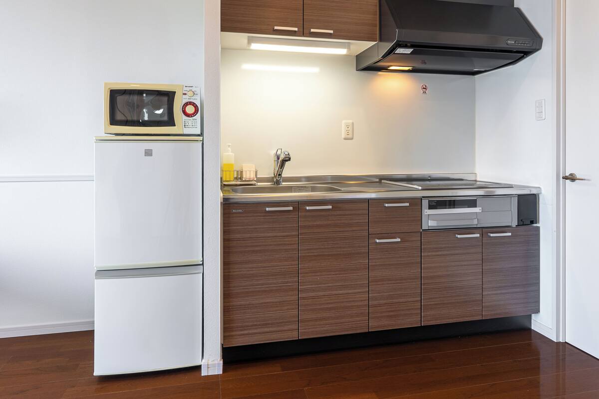 Fridge, microwave, stovetop, electric kettle