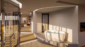 A modern bathroom with a freestanding bathtub, wooden flooring, and a glass shower enclosure. - THIRD Ishigaki (Ishigaki)
