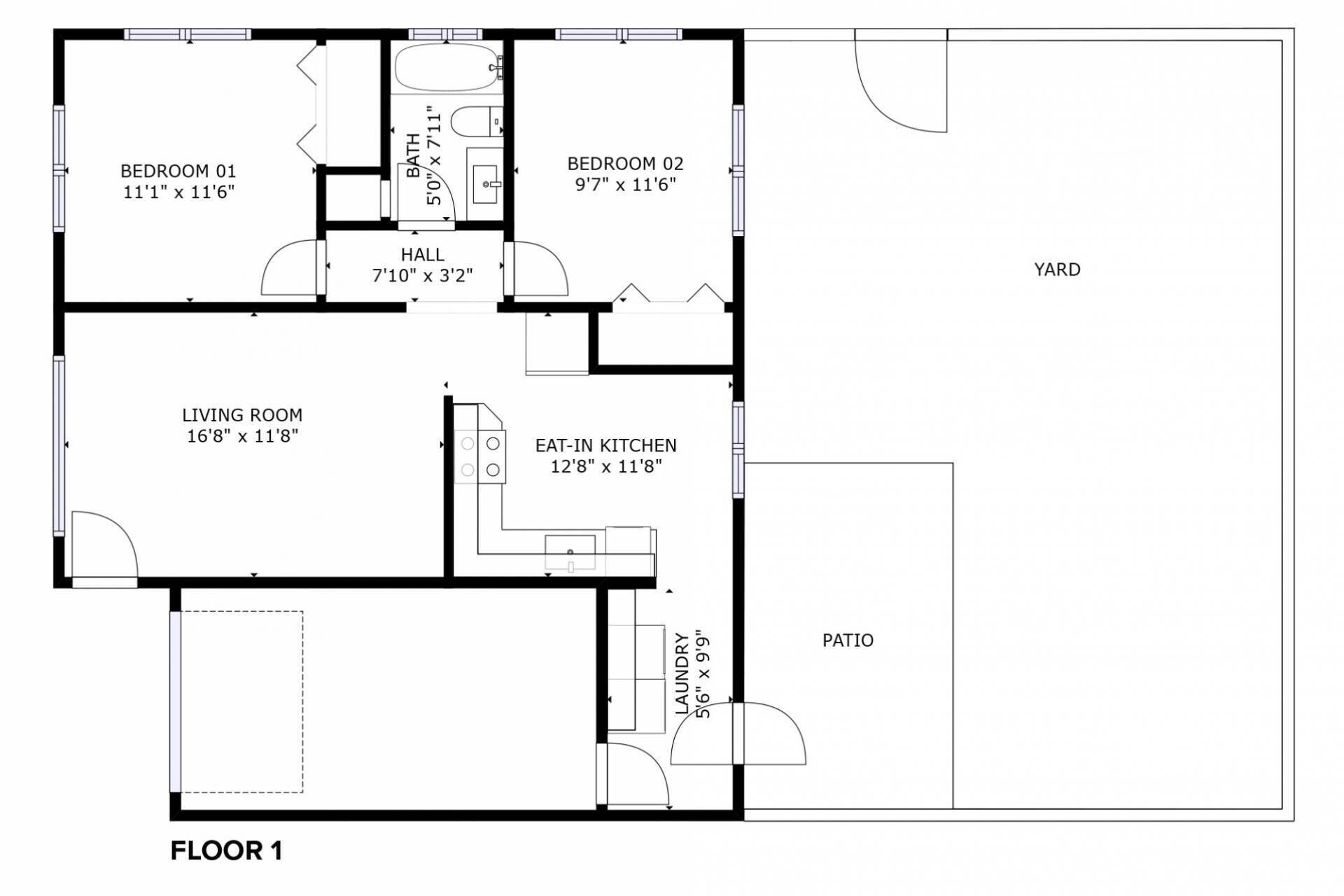A floor plan of a house with two bedrooms, a living room, an eat-in kitchen, a bathroom, a hall, a laundry area, a patio, and a yard.
