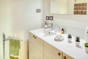 Shower, hair dryer, bidet, towels