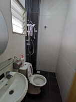 Un bagno piccolo con WC, lavandino e doccia.