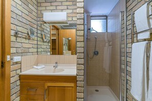 Combined shower/bathtub, hair dryer, towels, soap
