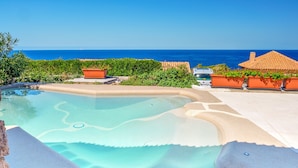 Une piscine à l’eau cristalline, bordée d’une mosaïque bleue, entourée de verdure et offrant une vue sur l’océan.