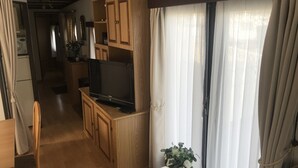 A compact living space with a kitchenette, a flat-screen TV on a wooden stand, a dining area with a chair, and a small table with a plant.