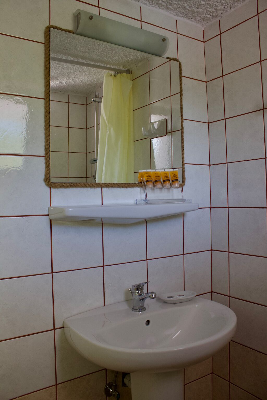 A bathroom with a white sink, a mirror, and a shelf with toiletries.